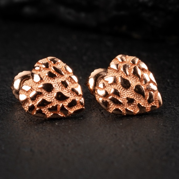 Rose Gold Women’s Cute Solid Pink 925 Sterling Silver Nugget Stud Heart Earrings - Picture 4 of 5